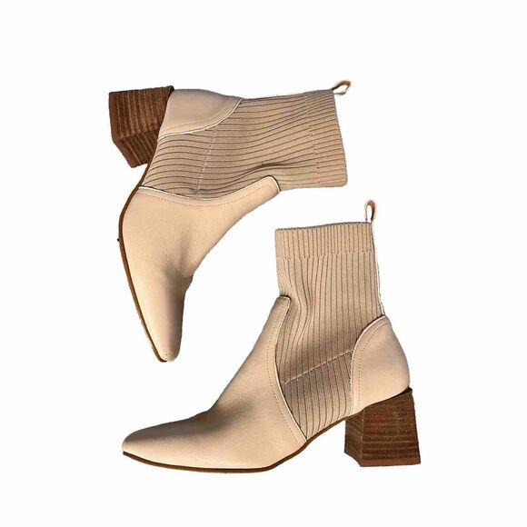 OASIS SOCIETY Geraldine Beige Sock Bootie Leather Stacked Heeled Boot Size 6 - Picture 4 of 11
